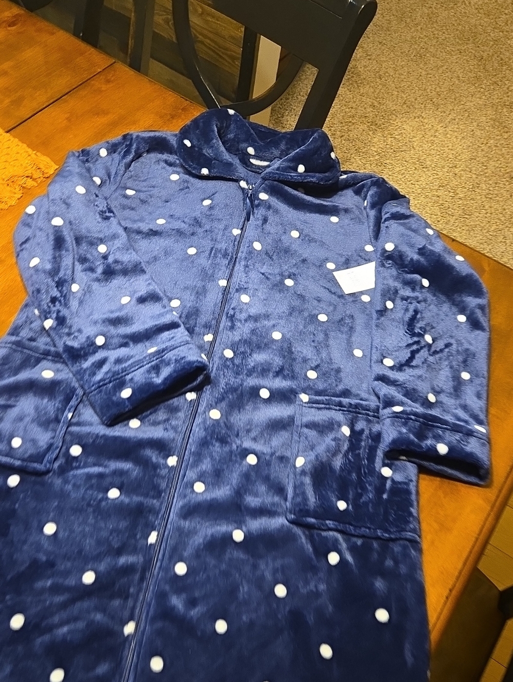 Womens Plush Navy Blue Polka Dot Zip-Up Robe
